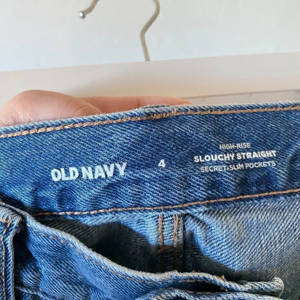 Old Navy High Rise Slouchy Straight Jeans Distressed Medium Wash